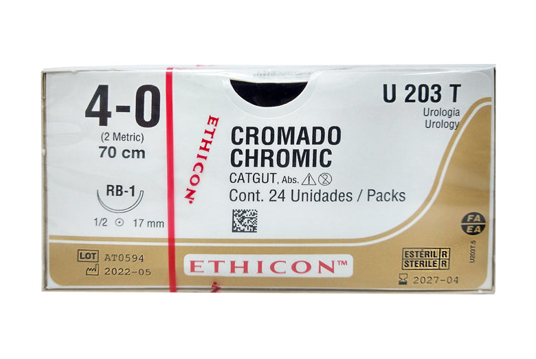 CATGUT CROMADO 4-0 RB-1 70CM R.U203T Sutura quirúrgica absorbible monofilamento, estéril para ligadura de tejidos