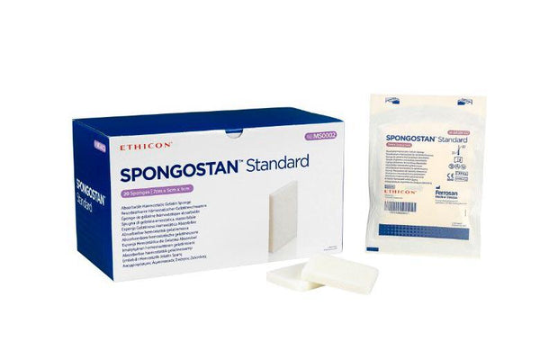 SPONGOSTAN STANDAR 7X5X1CM R.MS0002 X20   Es una esponja de gelatina absorbible, actúa como un agente hemostático en la hemorragia venosa cuando la hemostasia tradicional es difícil. - Es completamente reabsorbible por el organismo en un período de 15 días. Se utilizan en los quirófanos para controlar la hemorragia. 