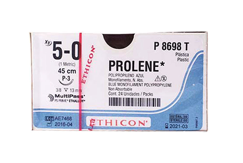 PROLENE 5-0 P-3 45CM R.P8698T X24   Sutura de polipropileno (transparente o teñida), sintética, estéril, no absorbible,  • Excepcionalmente suave, fácil de manejar y anudado seguro.• No brinda un medio para que se alberguen bacterias, Cierre General • Cierre de Piel • Retención • Cuticular • Plástica • Cardiovascular • Microcirugía.