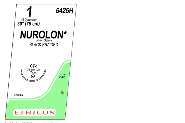 NUROLON 1 CT-1 75CM R.5425H X36  Sutura quirúrgica, no absorbible, estéril, trenzada, compuesta de polímeros alifáticos de cadena larga,  indicado para aproximaciones y/o ligaduras en tejidos blandos en general, incluyendo el uso en procedimientos cardiovasculares, oftálmicos y neurológicos.