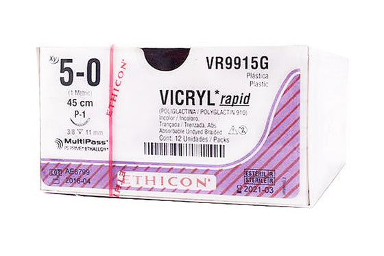 VICRYL RAPID 5-0 P-1 45CM R.VR9915G X12   Sutura quirúrgica sintética estéril, absorbible, multifilamento, para  aproximación y ligadura de tejidos en todas las especialidades.